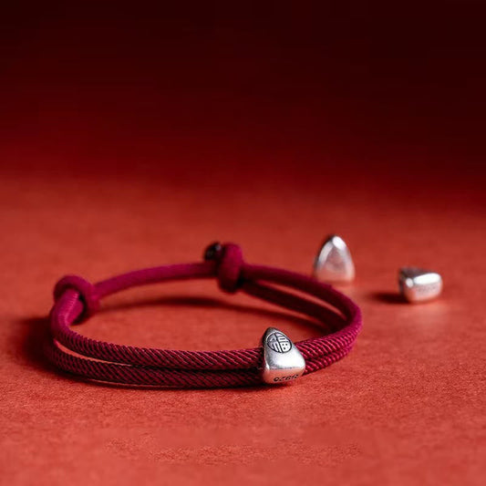 Ancient Tibetan Buddhist Red String Tradition 925 Sterling Silver Fu Character Blessing Handmade Braided Bracelet