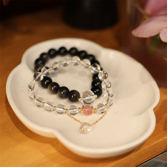 Spiritualität Buddha Karma Natürlicher Silberglanz Obsidian Rosa Kristall Weißer Kristall Schutz Yin Yang Farben Partnerarmband