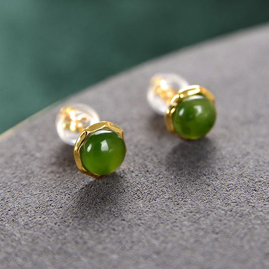Boucles d'oreilles puces en jade cyan naturel Hetian plaqué or et argent sterling 925, ornées de perles porte-bonheur.