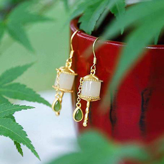 Jade 925 Sterling Silver Jade Prayer Wheel Luck Drop Earrings
