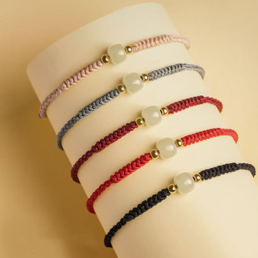 Ancient Tibetan Buddhist Red String Tradition Handcrafted Jade Lucky Bead Abundance Braided Bracelet