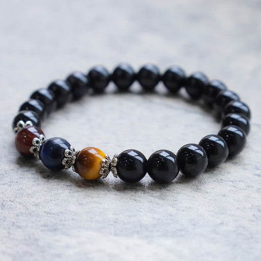 Bracelet de force en obsidienne noire naturelle tricolore œil de tigre