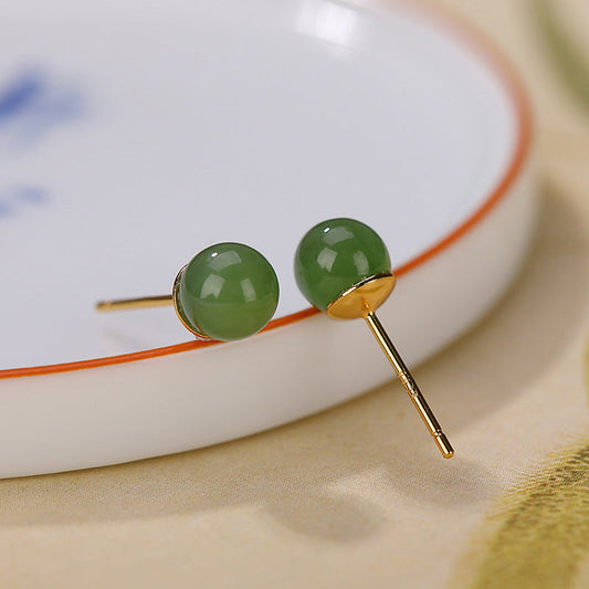 Jade 925 Sterling Silver Round Cyan Jade Healing Calm Stud Earrings