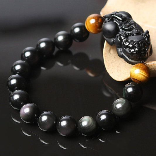 Spiritualität Buddha Karma FengShui PiXiu Regenbogen Obsidian Tigerauge Reichtumsarmband