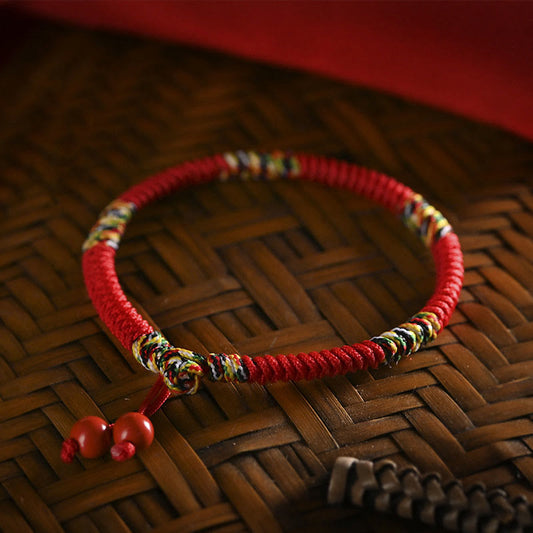 Altes tibetisch-buddhistisches Armband mit roter Schnur in fünf Farben – King-Kong-Knoten – Schutz und Glück