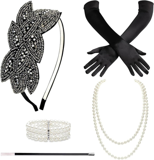 1920s Flapper Accessories Gatsby Costume Accessories Set 20s Flapper Headband Pearl Necklace Gloves Plastic Holder