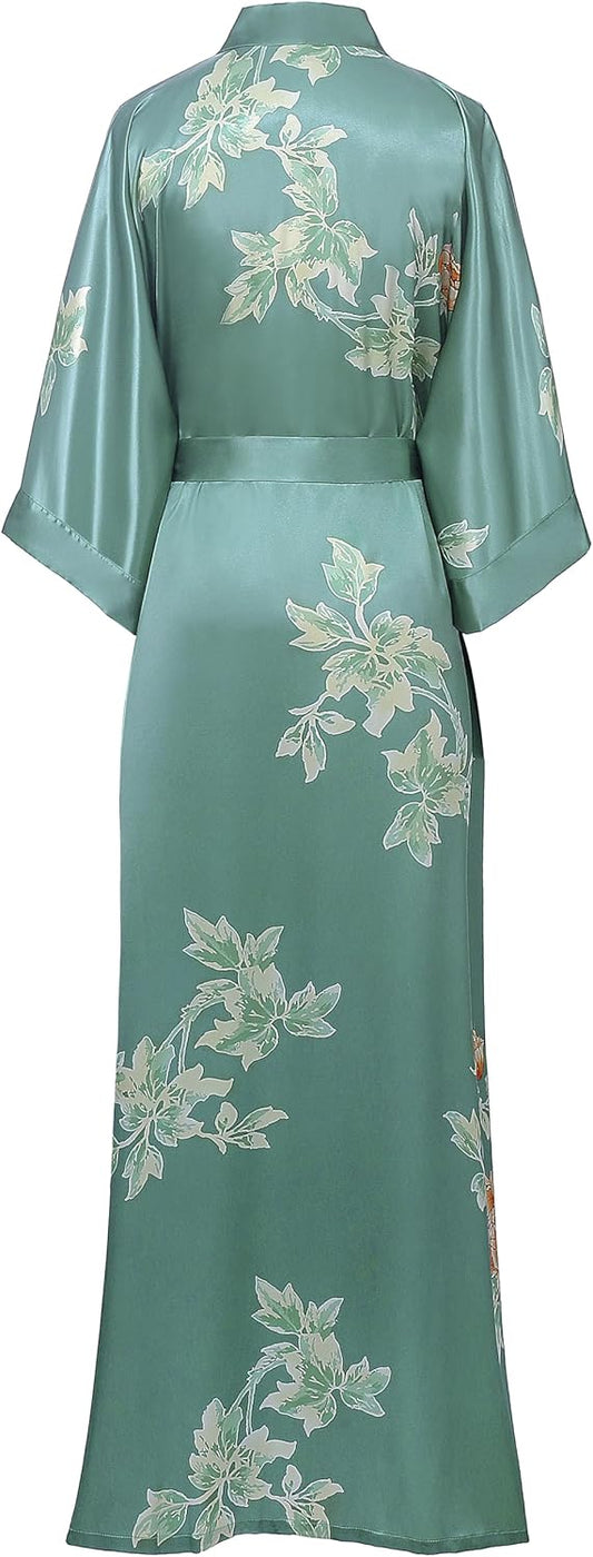 Floral Kimono Robe Satin Silk Wedding Robe 1920s Kimono Nightgown Sleepwear 53 Inches Long