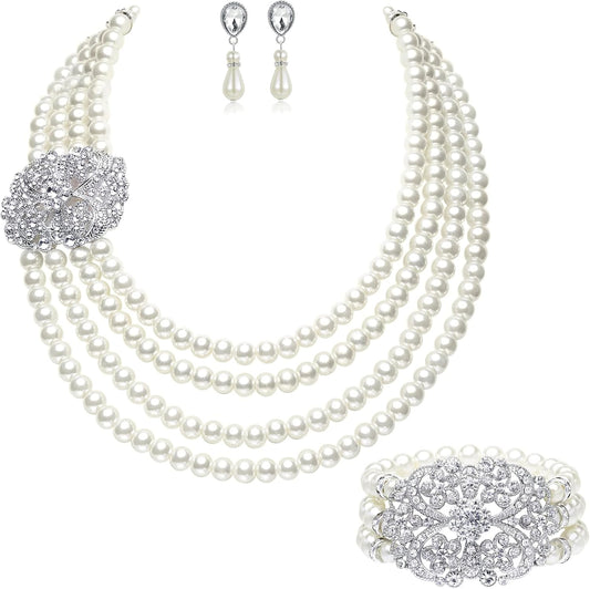 1920s Gatsby Pearl Necklace Vintage Bridal Pearl Necklace Earrings Jewelry Set Multilayer Imitation Pearl Necklace with Brooch