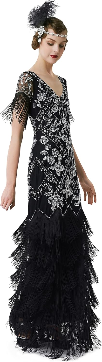 Women's Flapper Dress 1920s V-Neck Evening Gown Sequin Beaded Maxi Dress for Wedding Black Gold