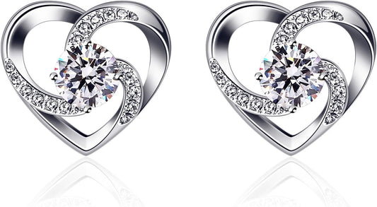 Women's Earrings "Love is Happiness", 925 Sterling Silver Stud Earrings with Zirconia, Elegant Heart Design, for Birthday/Valentine's Day/Mother's Day