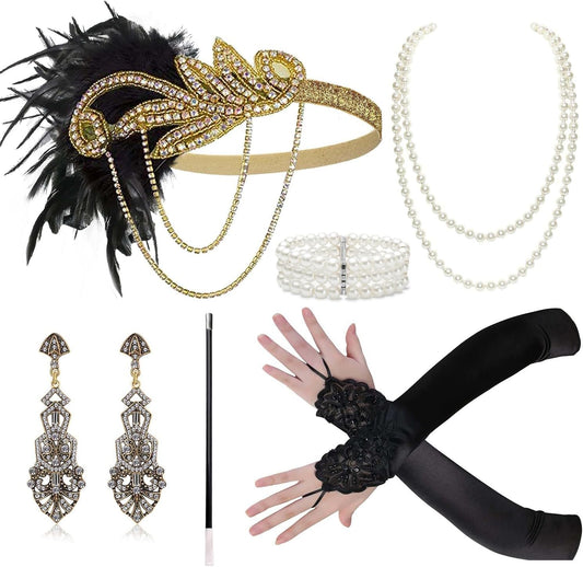 1920s Flapper Accessories Gatsby Costume Accessories Set 20s Flapper Headband Pearl Necklace Gloves Plastic Holder