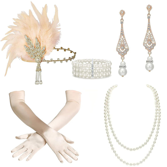 1920s Accessories for Women - Great Gatsby Accessories Flapper Headband Headpiece Pearl Necklace Gloves for Women
