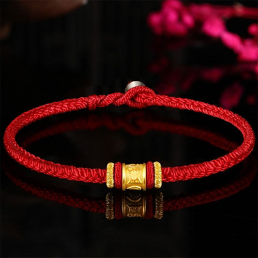 Bracelet de perles porte-bonheur Om Mani Padme Hum gravé, symbole de la tradition bouddhiste tibétaine ancienne du fil rouge du Tibet, en or 999.