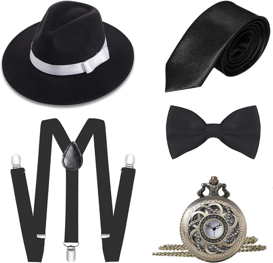1920s Mens Gatsby Gangster Costume Accessories Set 30s Manhattan Fedora Hat Suspenders