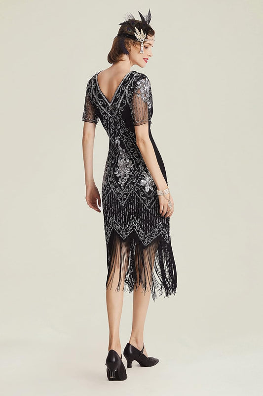 1920s Art Deco Fringed Sequin Dress Roaring 20s Flapper Fancy Dress