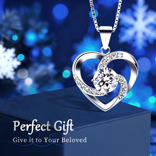 Women's Necklace, 925 Sterling Silver, Heart-shaped Necklace, Set with 5A Cubic Zirconia,Nickel-Free, Gift for Mother's Day/Valentine's Day/Birthday/Back to School, 45cm