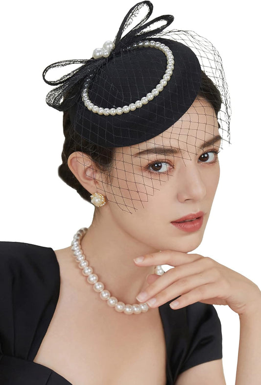 Veil Fascinator Hat for Women - Tea Party & Kentucky Derby - Pillbox Hat with Feather & Pearl