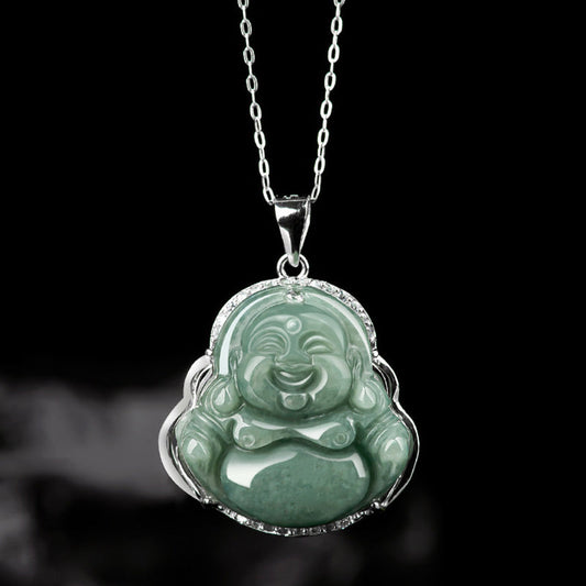 Jade 925 Sterling Silver Laughing Buddha Jade Abundance Necklace Chain Pendant