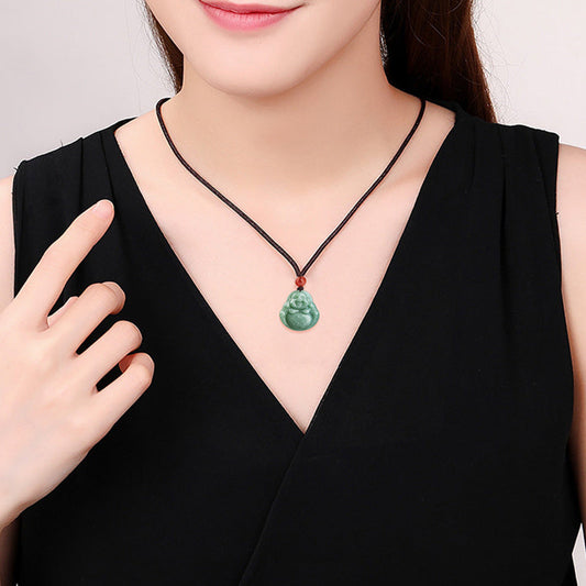 Jade Laughing Buddha Cyan Jade Success Necklace String Pendant