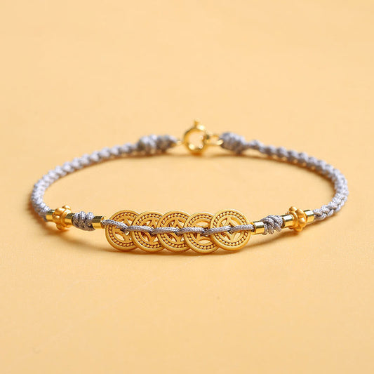 Ancient Tibetan Buddhist Red String Tradition Copper Coin Fortune Tree Pearl Luck Blue Rope Braided Bracelet