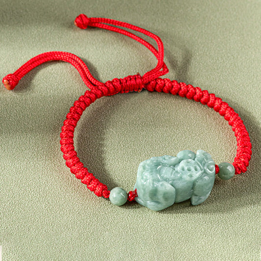 Ancient Tibetan Buddhist Red String Tradition Handmade Natural Jade PiXiu Protection King Kong Knot Braided String Bracelet