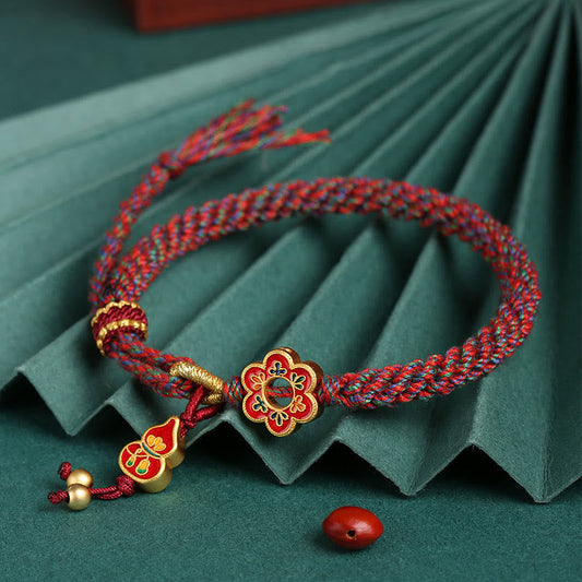 Ancient Tibetan Buddhist Red String Tradition Handmade Colorful Gourd Flower Protection Braided String Bracelet