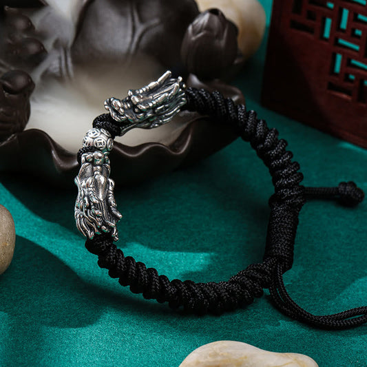Bracelet tressé à la main, symbole de chance, en argent sterling 999, orné d'un double dragon et portant la tradition du fil rouge bouddhiste tibétain ancien