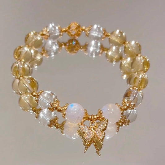Goldenes Energie-Citrin-Armband für Wohlstand und Solarplexus-Chakra (drittes Chakra) mit Mondstein-Schmetterlingsanhänger – Schutzarmband für Wohlstand