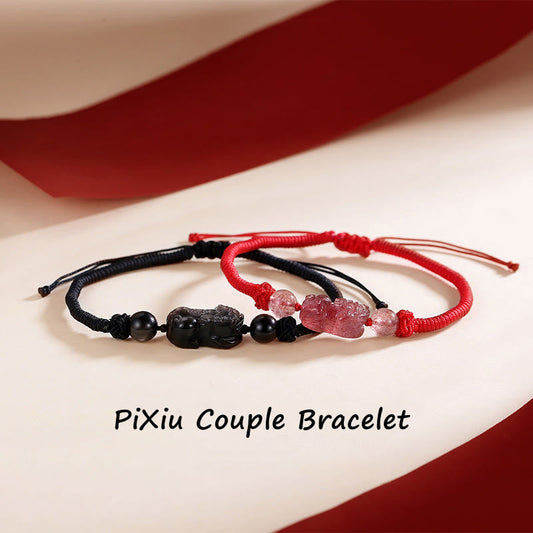 Ancient Tibetan Buddhist Red String Tradition Handmade Natural Silver Sheen Obsidian Strawberry Quartz PiXiu Protection Braided Bracelet