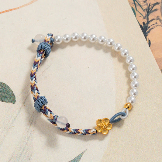 Altes tibetisch-buddhistisches Armband mit roter Schnur aus 925er Sterlingsilber, Pfirsichblütenperle und Chalcedon