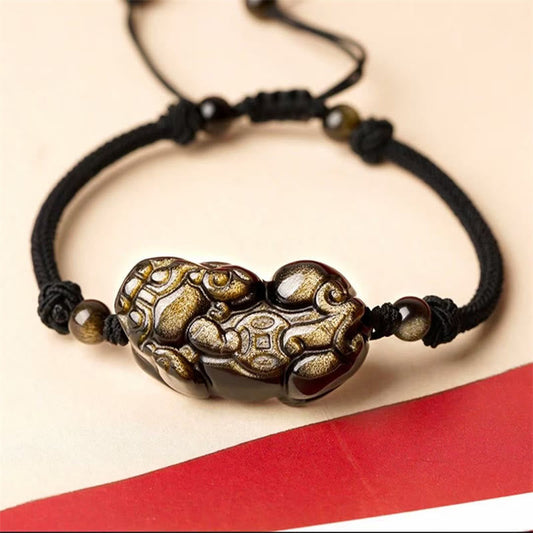Spirituality Buddha Karma Natural Obsidian Amethyst Citrine PiXiu Cooper Coin Wealth Bracelet