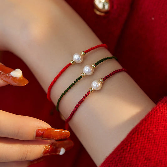 Ancient Tibetan Buddhist Red String Tradition Natural Pearl Bead Luck Braid String Bracelet