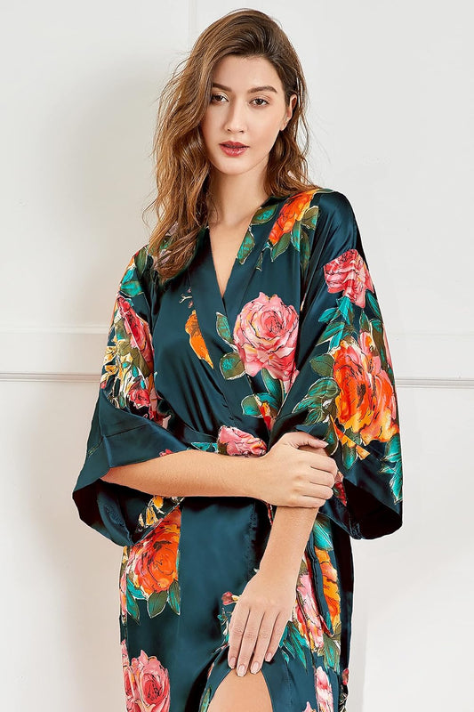 Women's Kimono Robe Long Satin Silky Floral Lightweight Bridesmaid Wedding Bachelorette Party Robe