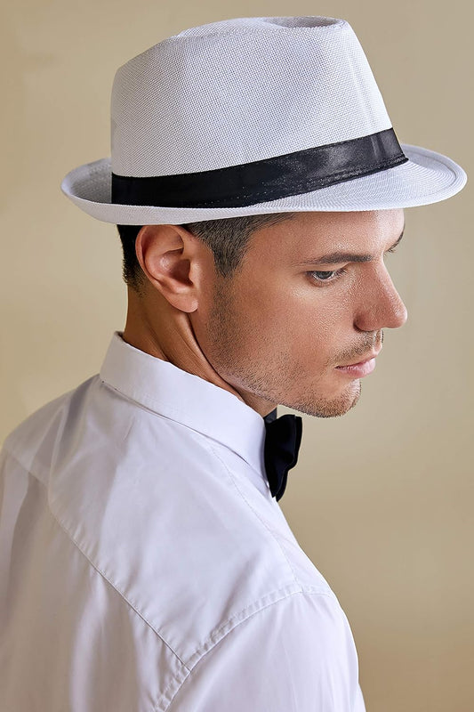 Straw Trilby Fedora Hat for Men-1920s Felt Panama Hat Short Brim Summer Cap with Ribbon
