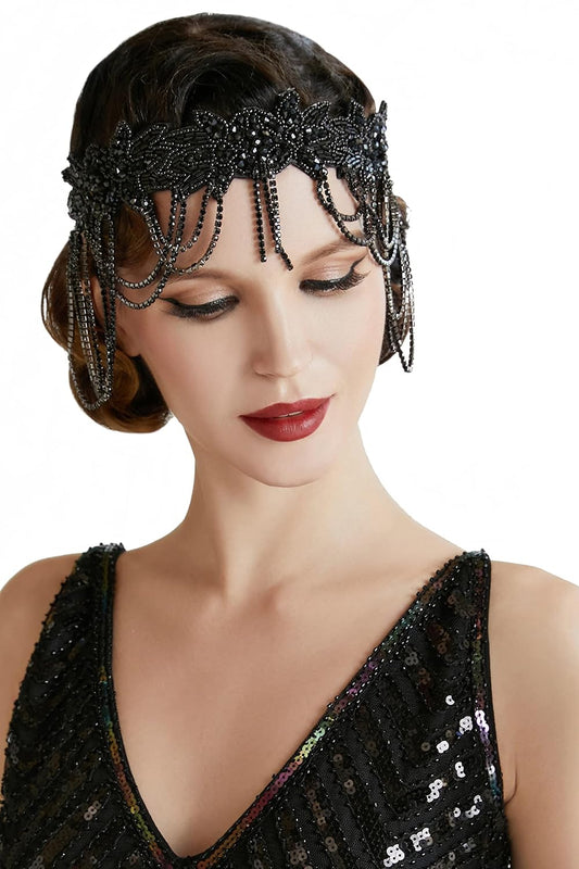 1920s Flapper Headpiece Roaring 20s Headband Great Gatsby Headband Chain Shawl Wraps Beaded Evening Cape Bridal Shawl Flapper Cover Up