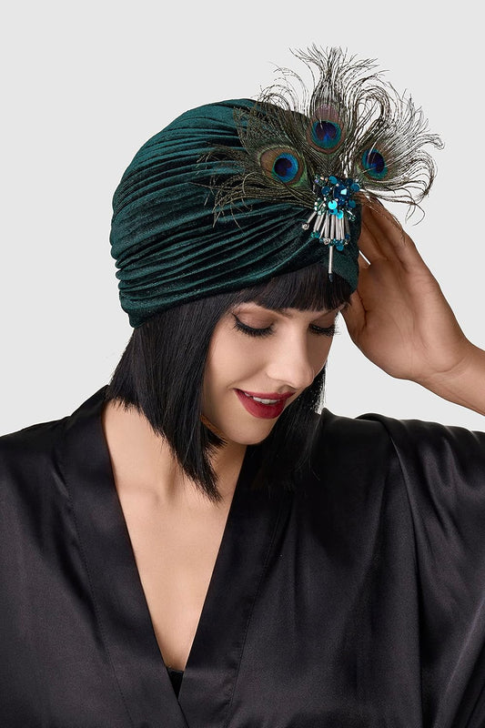 Gatsby Turban Hat Vintage 1920s Head Wrap Knit Pleated Turban 20s Cap (Dark Green)