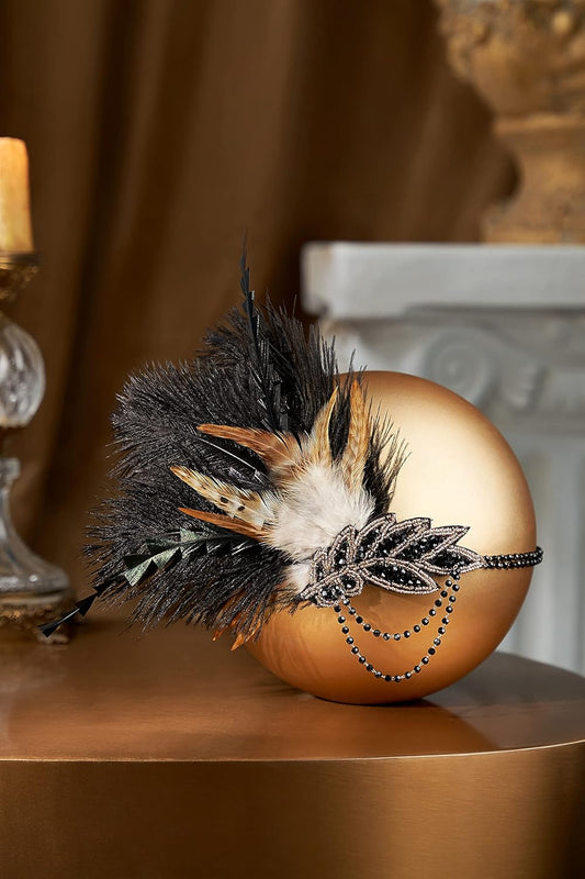 1920s Headpiece Flapper Headband - Roaring 20's Sequined Showgirl Hair Band with Feather