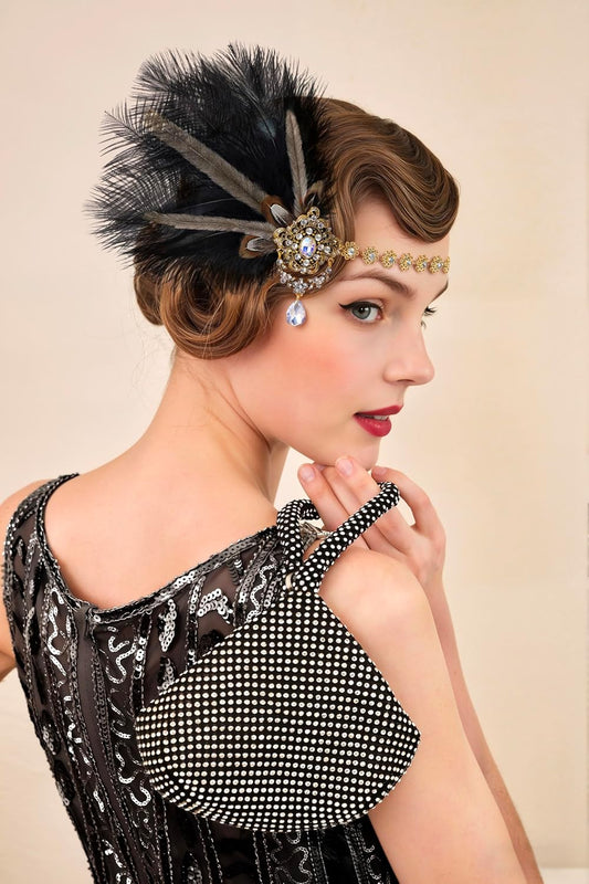 1920s Flapper Feather Headpiece for Women, Great Gatsby Rhinestone Elastic Headband, Handmade Vintage Hair Accessory(Black)
