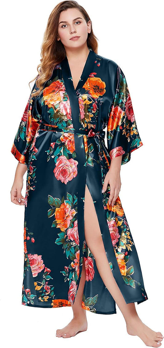 Women's Kimono Robe Long Satin Silky Floral Lightweight Bridesmaid Wedding Bachelorette Party Robe