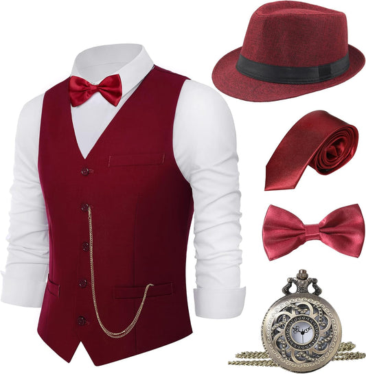 1920s Mens Gangster Vest Costume Accessories Set Fedora Hat