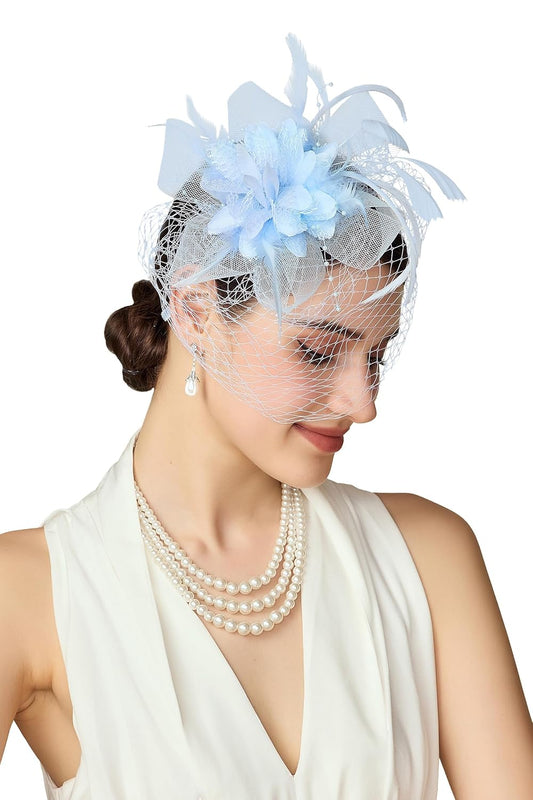 Fascinators Hats for Women - Tea Party Kentucky Fascinator Derby Hat Feathers Flower Mesh Knot Veil Headband Light Blue
