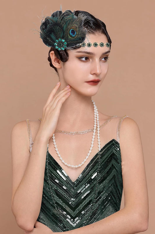 Flapper Headpiece for Women - 1920s Headband Roaring 20s Great Gatsby Accessories Rhinestone Feather Hair Clip