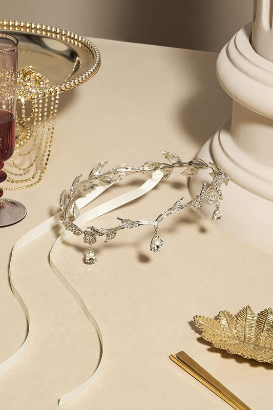 Crystal Leaf Wedding Diadem Headband Bridal Bridesmaid Forehead Band Rhinestone Bridal Tiara Crown with Gift Box