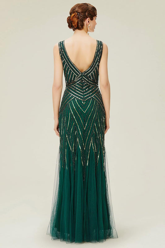 Women's Flapper Dress 1920s V-Neck Evening Gown Sequin Beaded Maxi Dress for Wedding Green Gold