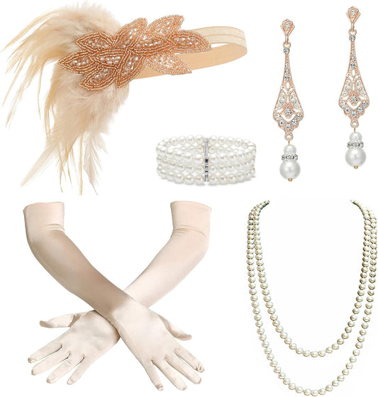 1920s Flapper Accessories Great Gatsby Costume Accessories 20s Flapper Headband Pearl Necklace Gloves Plastic Holder
