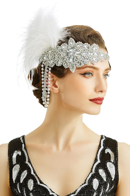 Women’s 1920s Headband Flapper Feather Headpiece with Chain Roaring 20s Gatsby Themed Party Hair Accessory