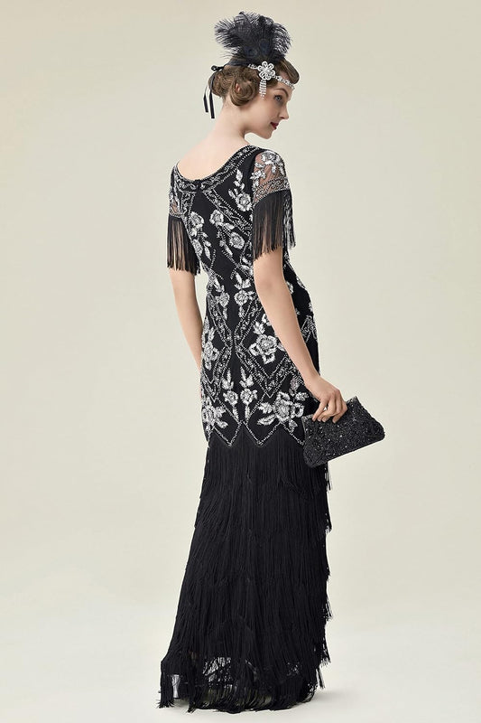 Women's Flapper Dress 1920s V-Neck Evening Gown Sequin Beaded Maxi Dress for Wedding Black Gold