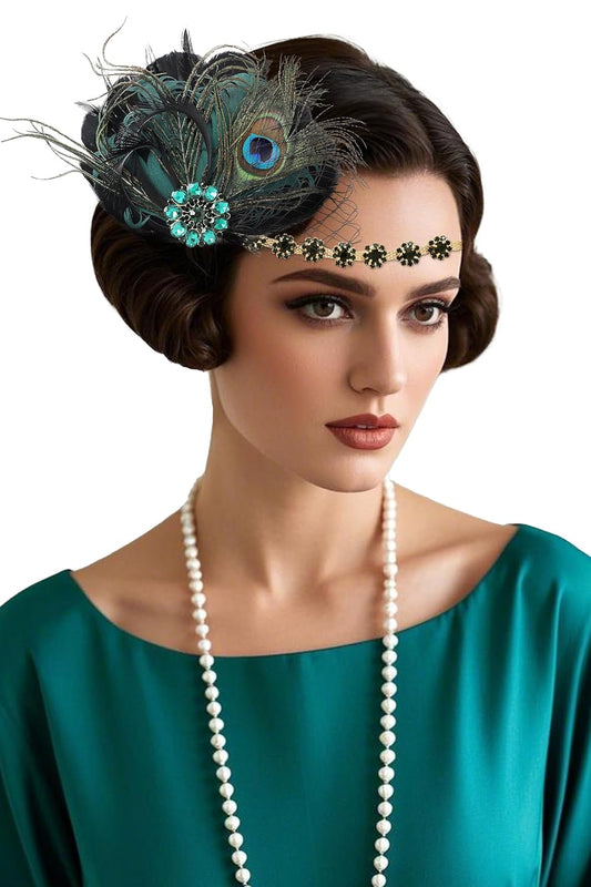 Flapper Headpiece for Women - 1920s Headband Roaring 20s Great Gatsby Accessories Rhinestone Feather Hair Clip