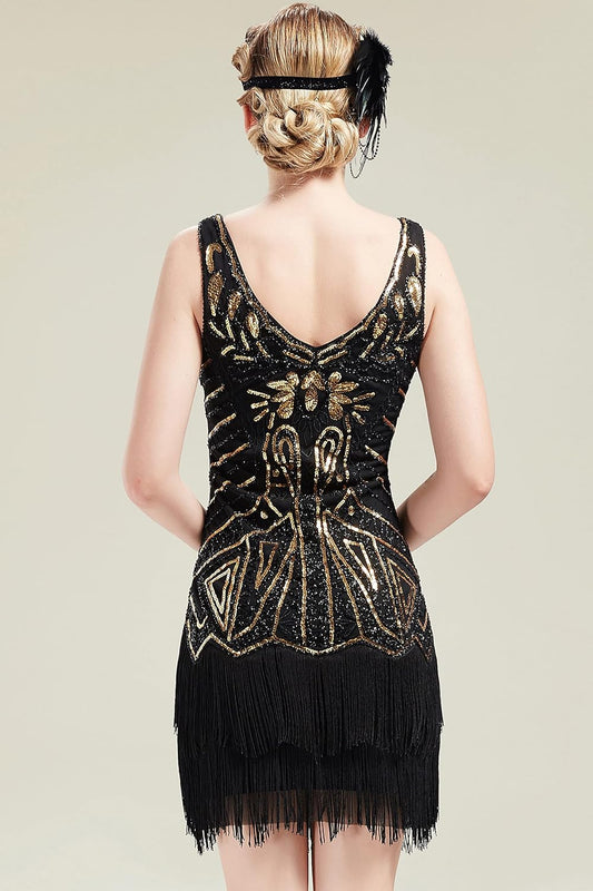 Women's Flapper Dresses 1920s V Neck Beaded Fringed Great Gatsby Dress