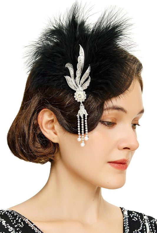 Peacock Feather Hair Clip with Rhinestones - Roaring 20s Flapper Fascinator and 1920s Hair Accessories (Style 3)